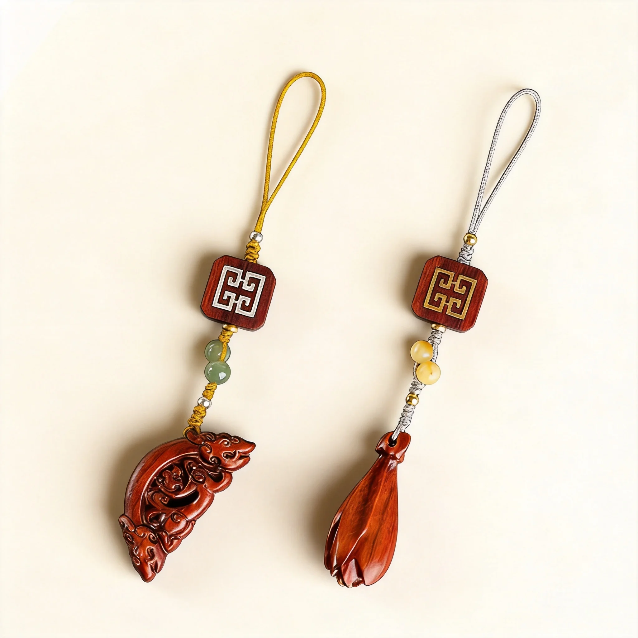 Chinese Style Good Luck Red Sandalwood Chi Dragon Magnolia Couple Keychain Phone Pendant Retro Car Hanger Blessing Fortune Auspi