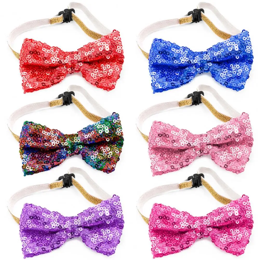 Dog Neck Bow Sequins Shiny Adjustable Cat Puppy Bow-knot Collar With Bell Decorative Bright Kitten Bow Collar Color For Wedding