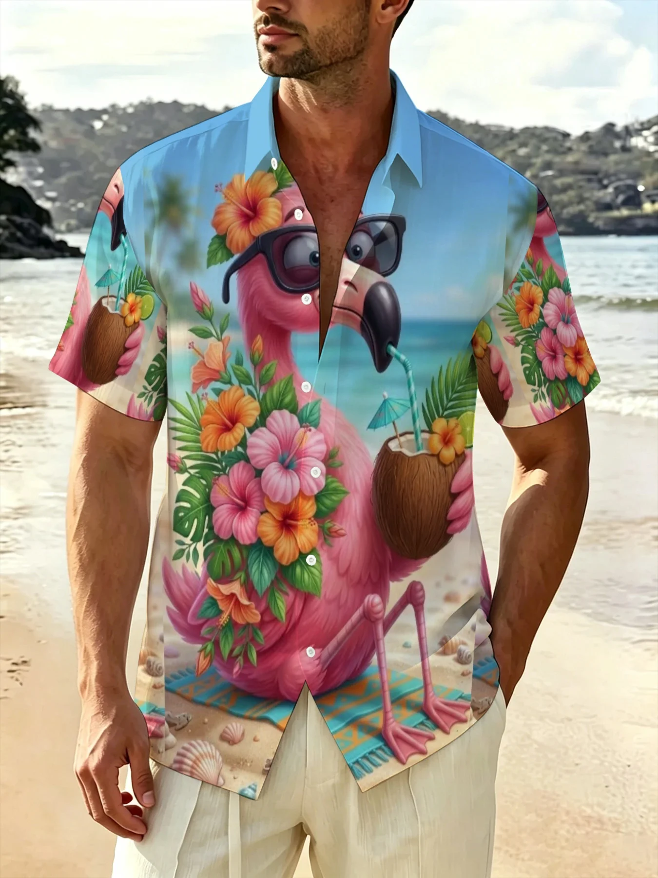 Men's short-sleeved shirt for summer beach vacation, featuring fun animal 3D prints, trendy loose fit, and quick-drying design.