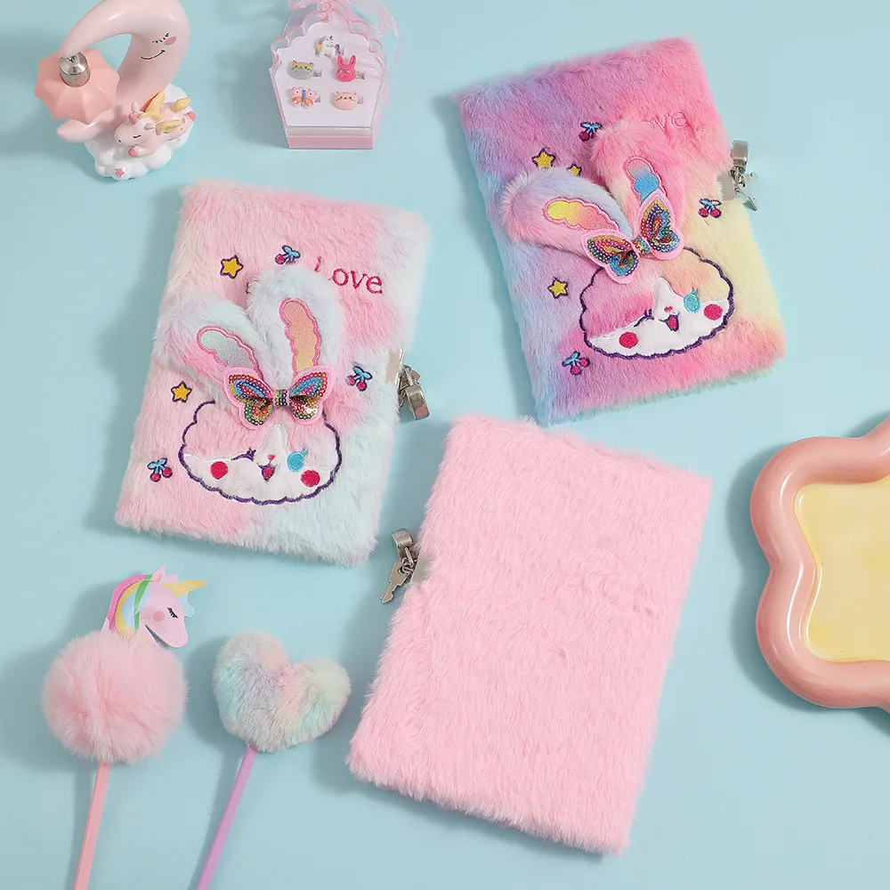 Cute Plush Notepad Cartoon Rabbit Diary With Lock Notebook Student A5 Diary Handwritten Notepad Student Office Supplies