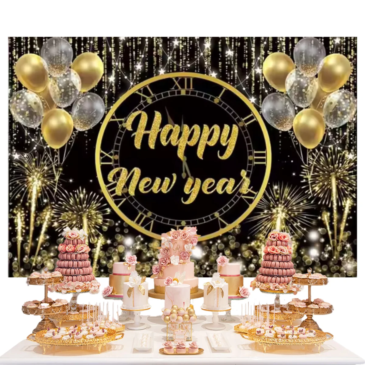 2025 Happy New Year Eve Theme Family Gathering Party Background Fireworks Champagne Golden Balloon Banner Decoration Background