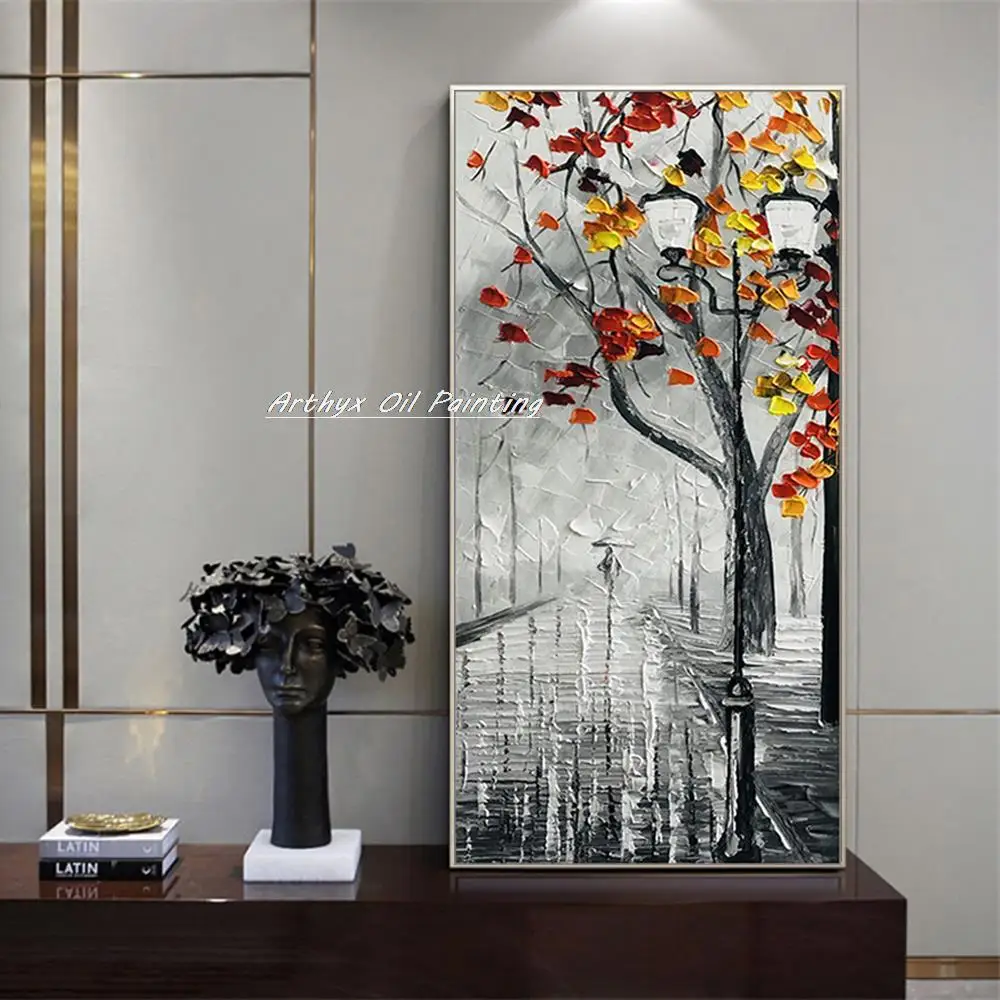 

Arthyx Handmade Palette Knife Gray Landscape Oil Paintings On Canvas,Modern Home Decor Abstract Wall Art,Picture For Living Room