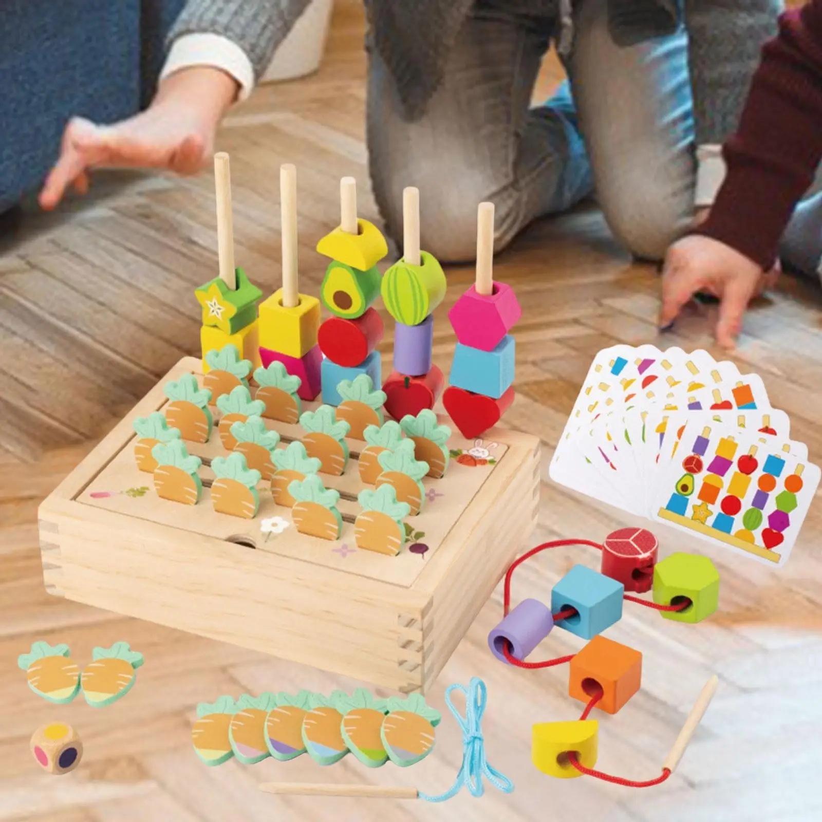 Montessori Wooden Beads Sequencing Toy Set ,Matching Shapes Stacking Toy,