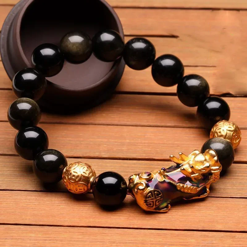 Original Real Stone Beads Change Color Pixiu Feng Shui Tiger Eye Obsidian Bracelet Health Wealth Charm Wrist Bangle Men Women