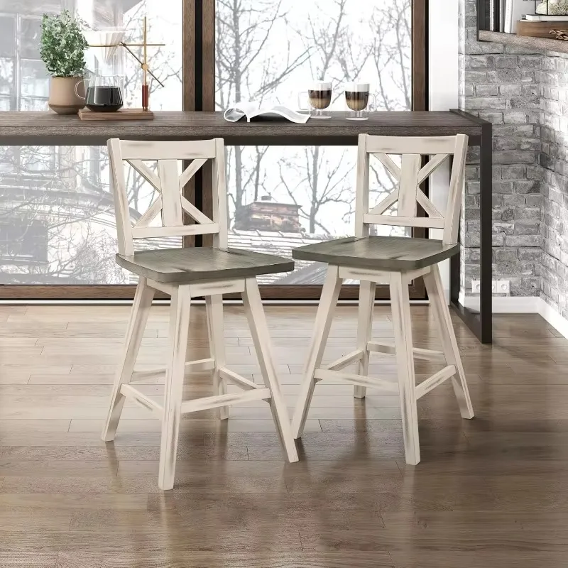 

Swivel Counter Height Barstool (Set of 2), Modern Solid Wood Kitchen Counter Barstool with X-Back, 24" SH, White