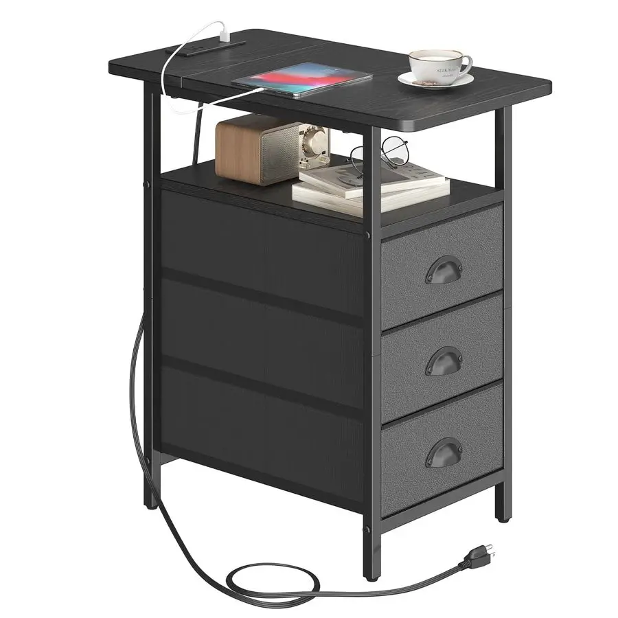 

End Table with Charging Station, Side Tables Livingroom with USB Ports and Outlets,Narrow Nightstands Bedside Tables with 3 Dra