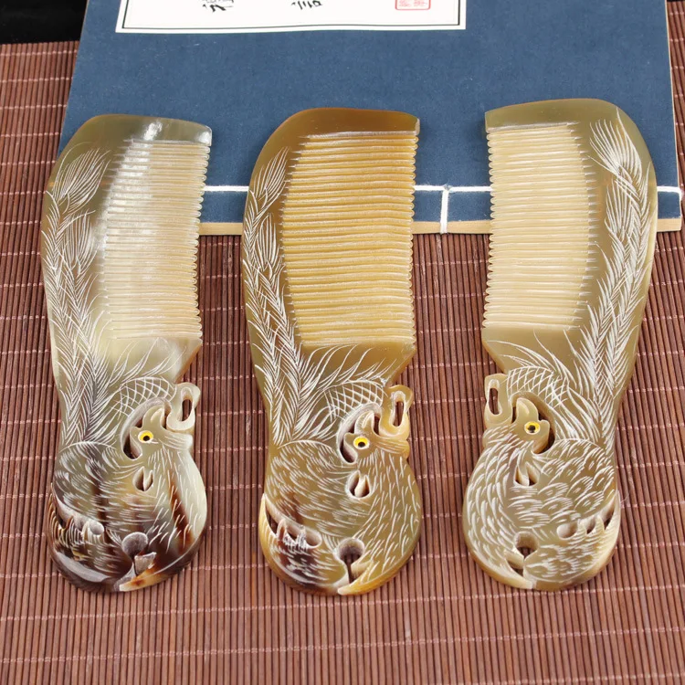 Yak horn comb Phoenix carving craft comb gift home natural wholesale hair massage comb staff benefits birthday gift