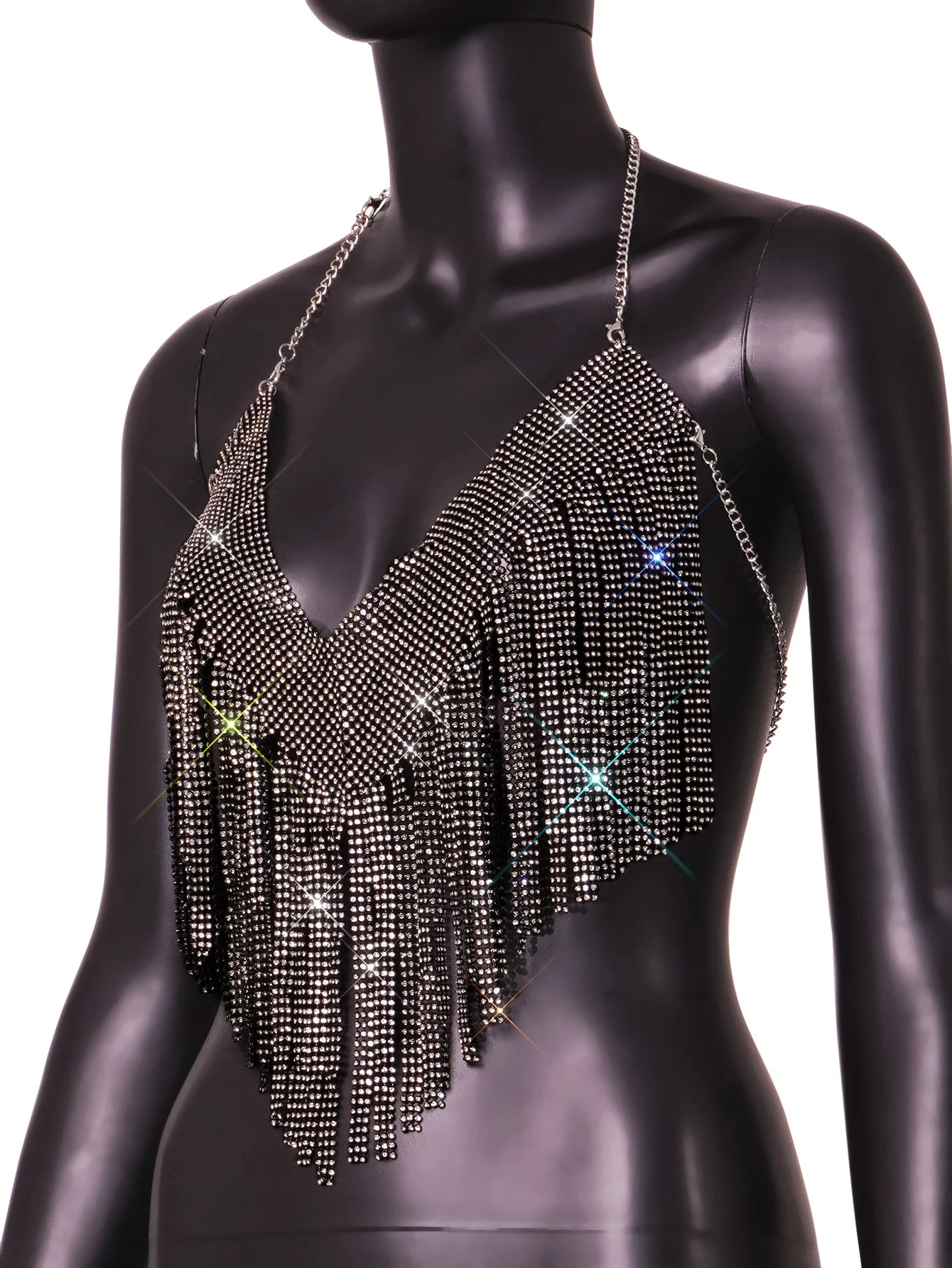 Bling Rhinestones Tassel Party Crop Top Woman V-Neck Backless Metal Chain Tank Tops Diamond Sequins Nightclub wear