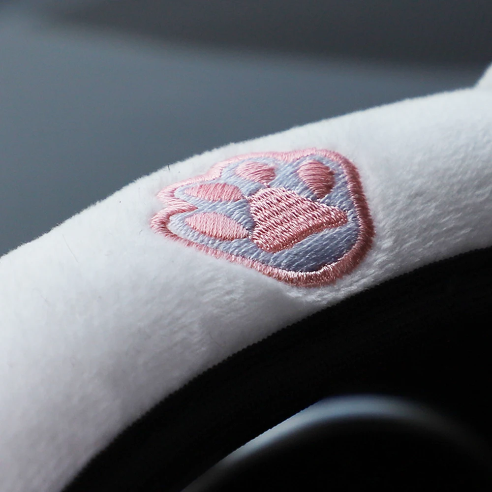 Niedliche Katzenohren-Lenkradabdeckung aus Weichem Plüsch, Warm für den Winter, Auto-Handschutz-Zubehör ohne Innenring, Geeignet für 14,5-15 Zoll Lenkräder – Detail 3