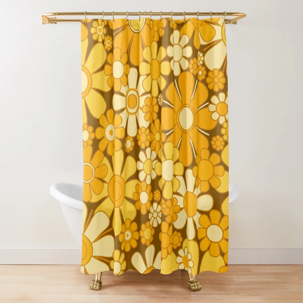 

Retro Garden Flowers Cheerful 60s 70s Floral Pattern in Yellow Orange Mustard Ochre Tones Shower Curtain