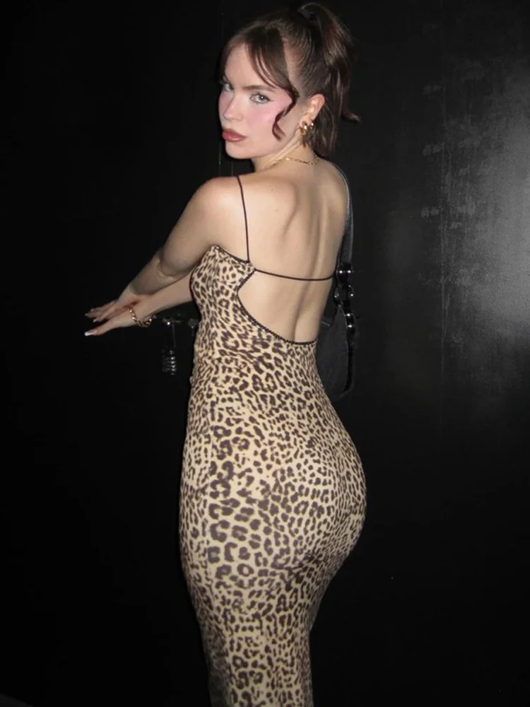 2025 Fashion Leopard Print Slips Backless Sexy Bodycon Maxi Dress Summer Women Casual Clothes Beach Party Vacation Club