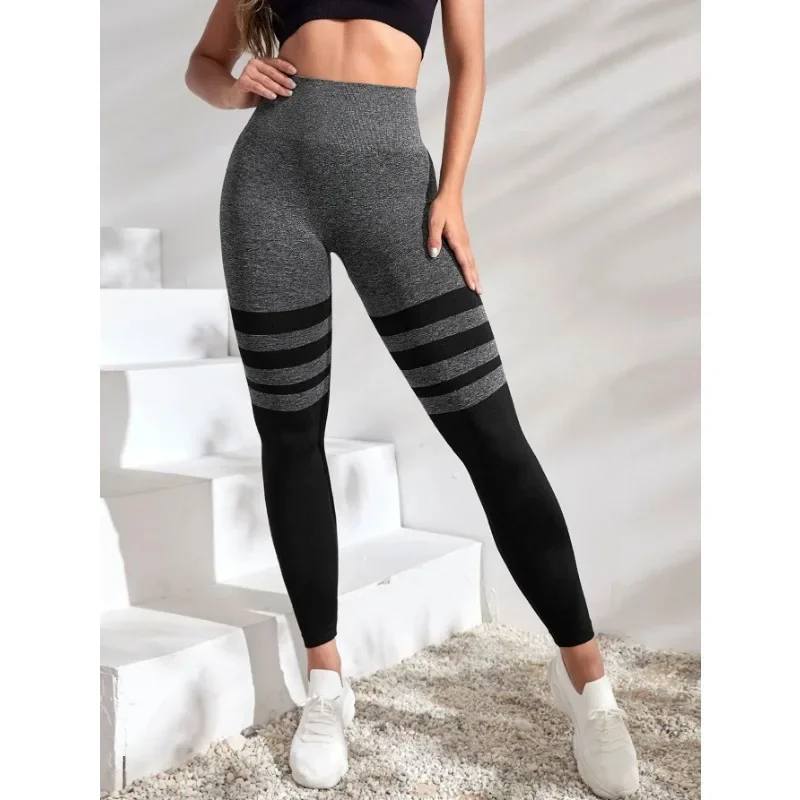 Black Stripe Leggings Women Seamless Slim Tights Gym Trainning Running High Waist Hip Liftting Fashion Knit Yoga Fitness Pants