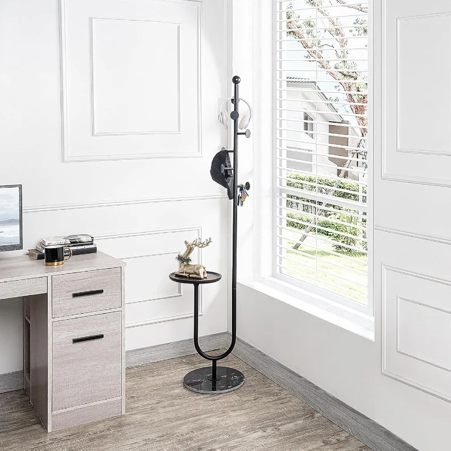 حامل معطف معدني عالي التحمل مع صينية من الخيزران و6 خطافات تتميز بقاعدة رخامية مثالية للمعيشة في مدخل غرفة النوم #4