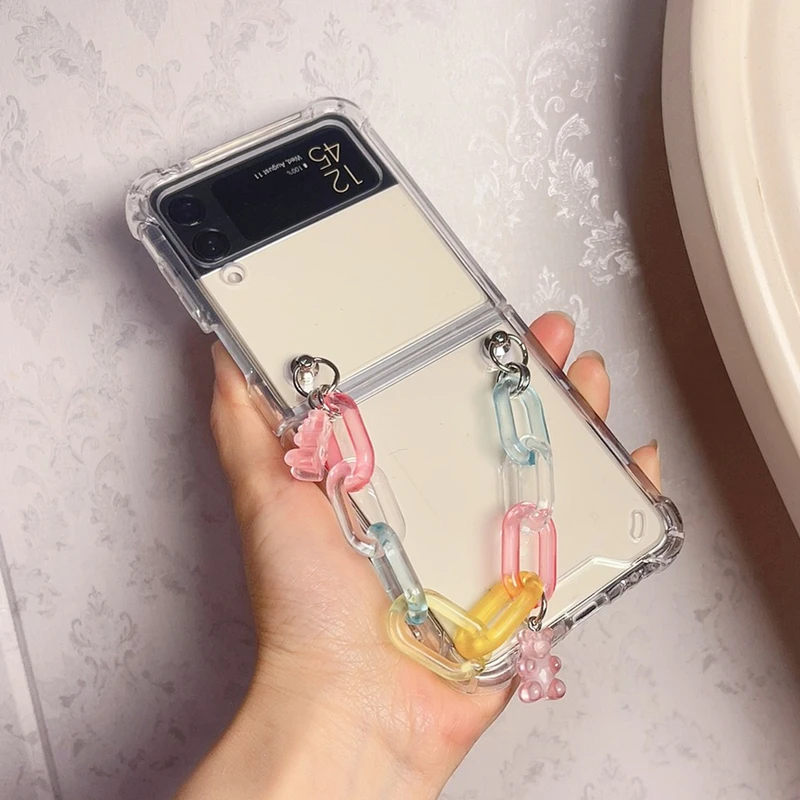Bear Bracelet Chains Phone case For Samsung Galaxy Z Flip 4 Clear Shockproof Z Flip 3 1 2 Cover