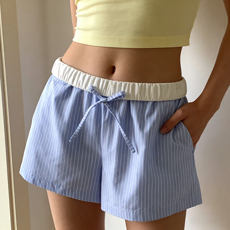 

﻿ Женские повседневные шорты с эстетическим бантом в полоску, мини-шорты со средней талией для пляжной повседневной одежды, летние плавки