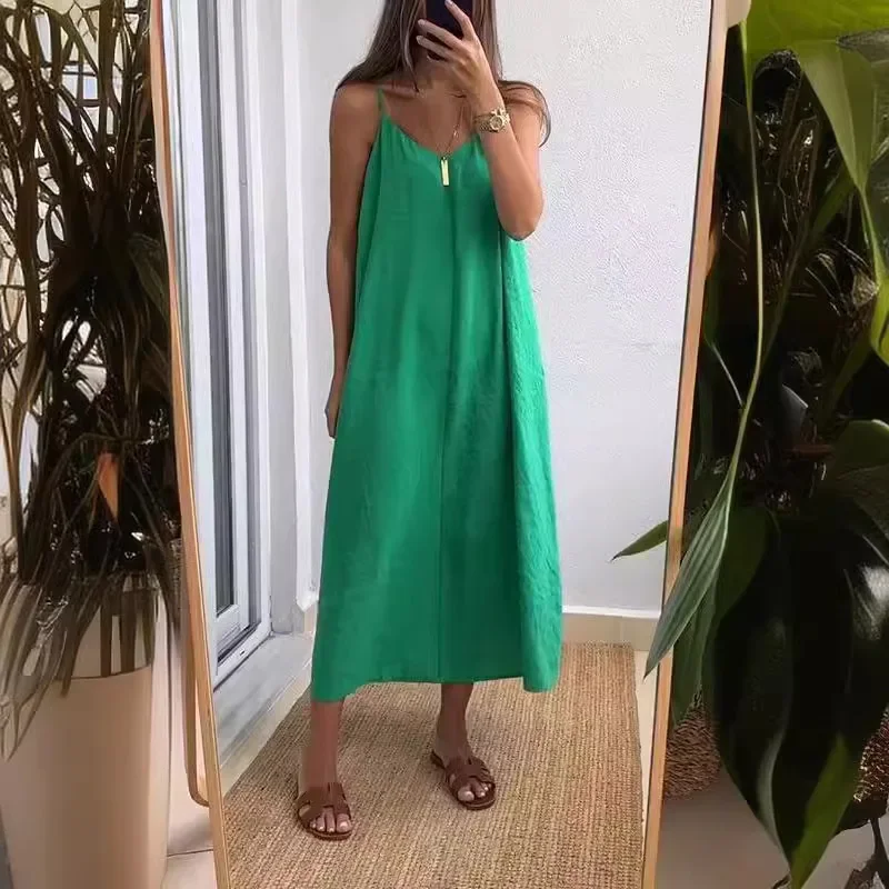 

Women's Solid Color Casual Trendy Loose V-neck Sleeveless Suspender Dresses Female 2025 American European Summer New Fashion