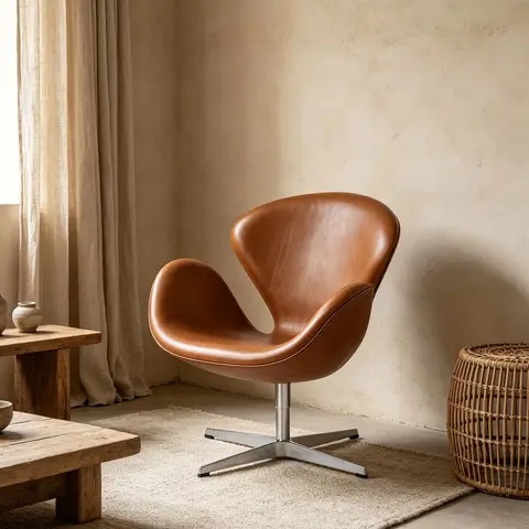 4-Star Rotating Base Swan Chair Nordic Style Solid Wood Reception Room Swivel Chair Living Room Sofa Leather Chair