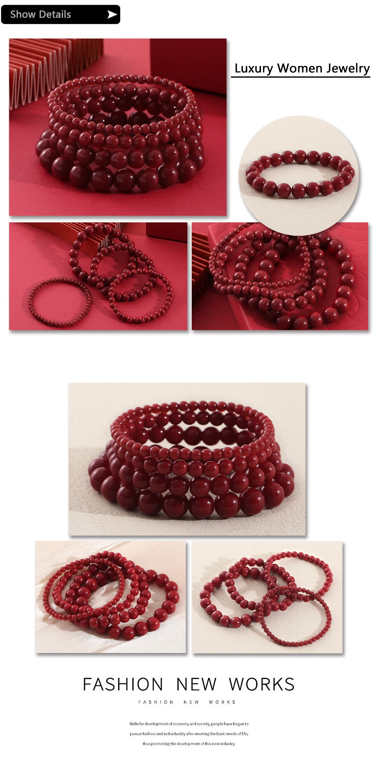 MHS.SUN Vintage-Armband mit runden roten Perlen für Damen und Herren, neu, 4/6/8/10 mm, elastische Perlenarmbänder, Schmuck, Partygeschenke – Detail 17