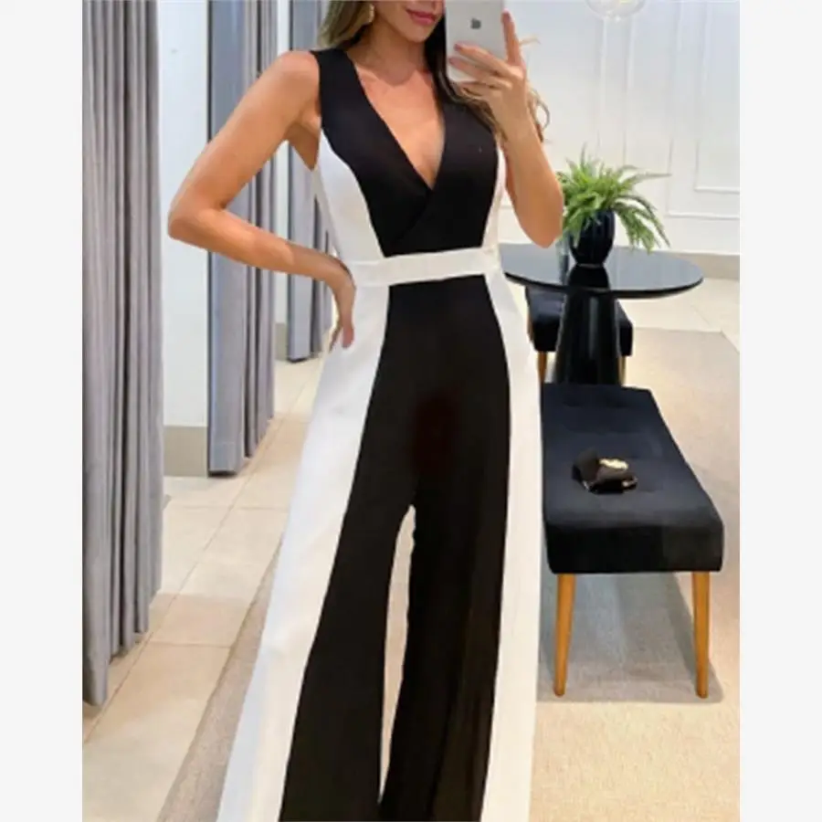 

Сексуальный комбинезон Colorblo с высокой талией, длинные брюки с поясом, уличный женский цельный костюм, повседневная одежда из полиэстера