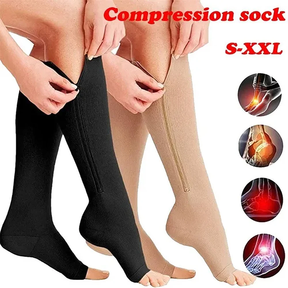 Compression Zip Sox Socks Stretchy Leg Support Zipper Medical Socks & Open Toe Zipper Stocking for Varicose Veins Edema Swollen