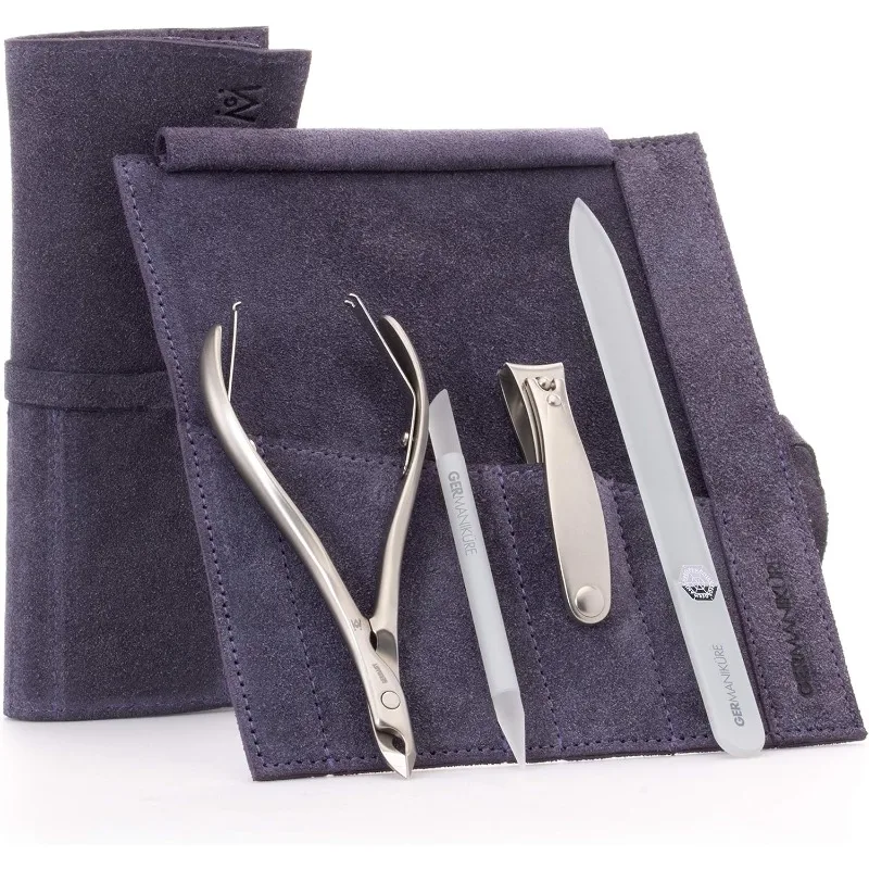 

GERMANIKURE 4pc Manicure Set in Purple Suede Case - FINOX Stainless Steel Tools Made in Germany, Glass Nail Care Supplies