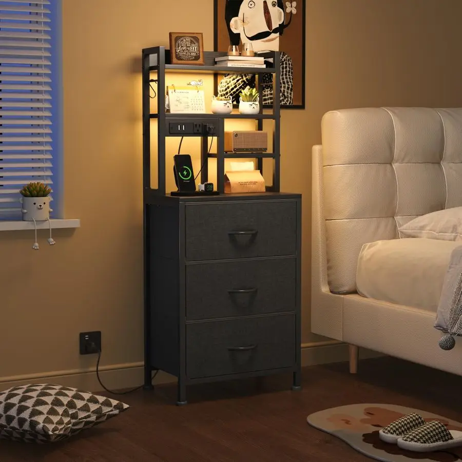 

Night Stand, Tall Nightstand with Charging Station and LED Lights, Side Table with 4Tier Shelves and 3 Fabric Drawers, 45.3 Tall