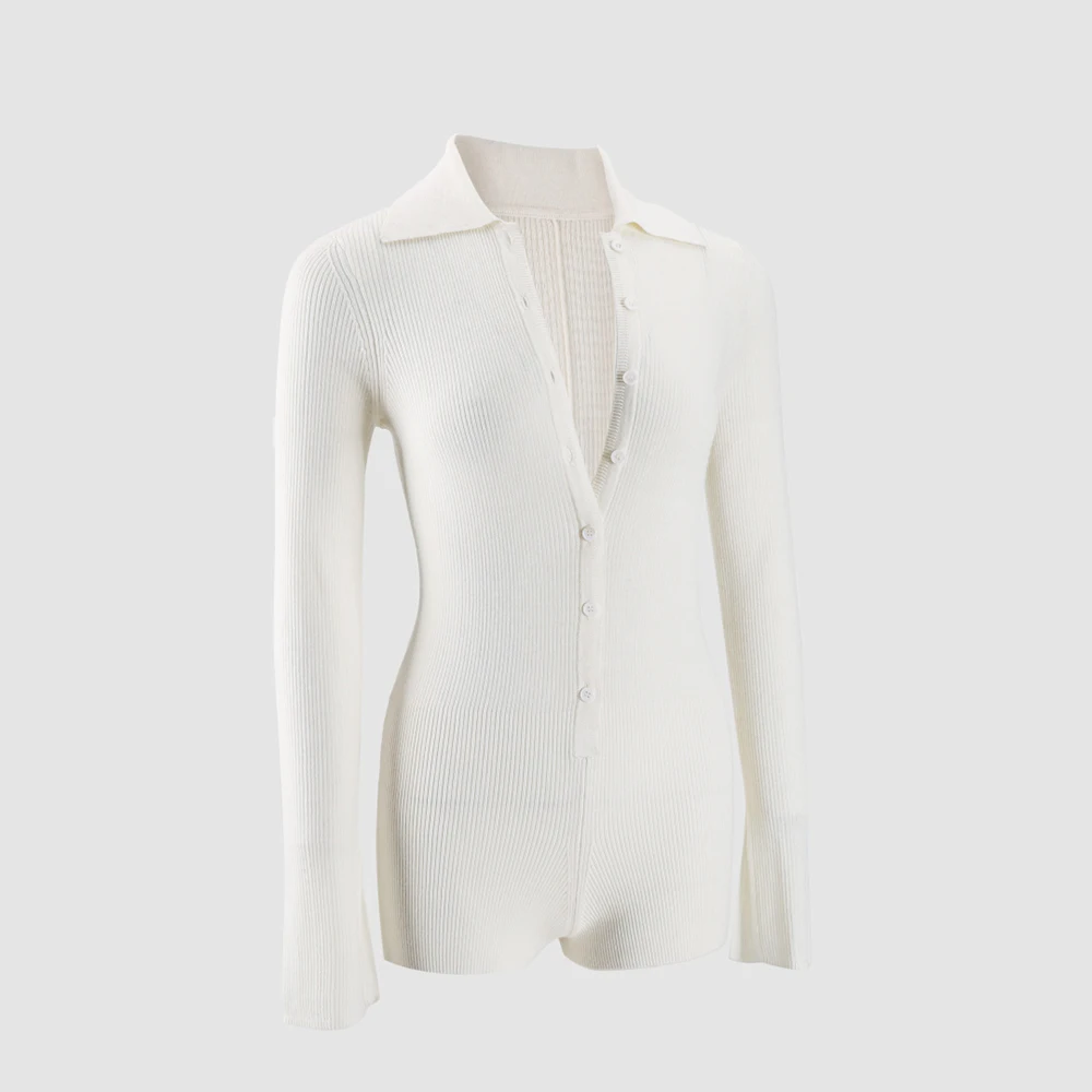 

Элегантный женский комбинезон из 100% шерсти с тонкими полосками, трикотажные шорты с воротником-поло и длинными рукавами, цельный предмет для поездок на работу, зима 2025 Y2K