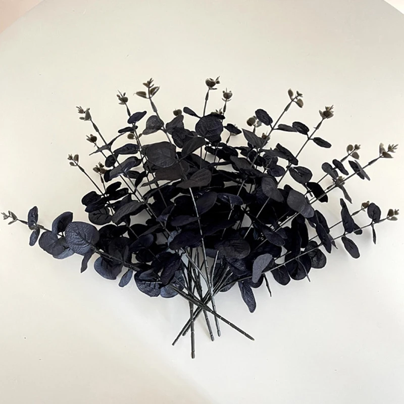 1/3/5 Stück Halloween schwarze Eukalyptus-Stiele, künstliche Pflanzen, Blumen, Blumenstrauß, Dekor, Halloween-Motto-Party, Zuhause, Tischdekoration