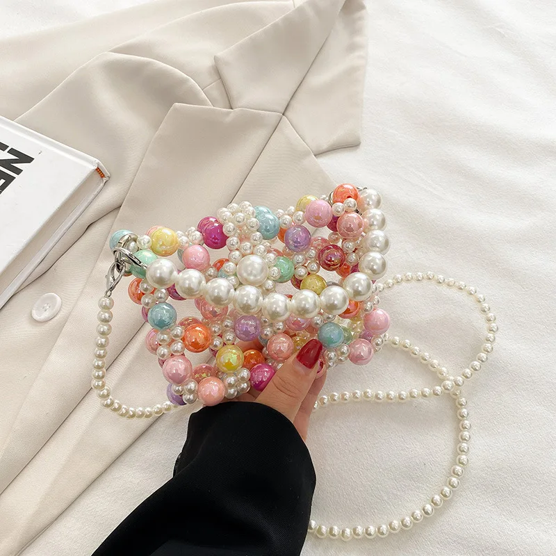 Candy Beaded Women\'s Shoulder Bag Fashion INS Colorful Pearl Crossbody Bags for Woman Cute Knitted Hollow Out New In Handbag