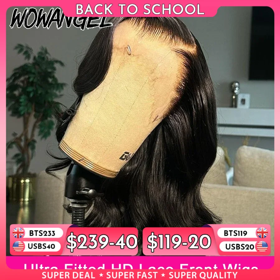 WowAngel 13x6 HD Lace Front Echthaarperücken vorgezupft 250 % Körperwelle HD transparente Spitze leimlose Perücken brasilianisches Haar für Frau