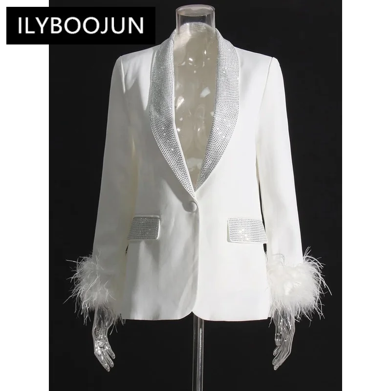 

ILYBOOJUN Temperament Loose Blazers For Women Shawl Collar Long Sleeve Spliced Feather Chic Blazer Female Fashion Clothing