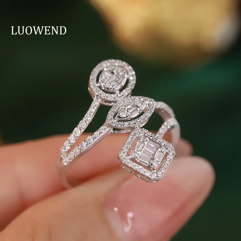 LUOWEND 100% 18K White Gold Rings Luxury 0.58carat Real Natural Diamond Ring for Women Fashion Geometric Design Party Jewelry