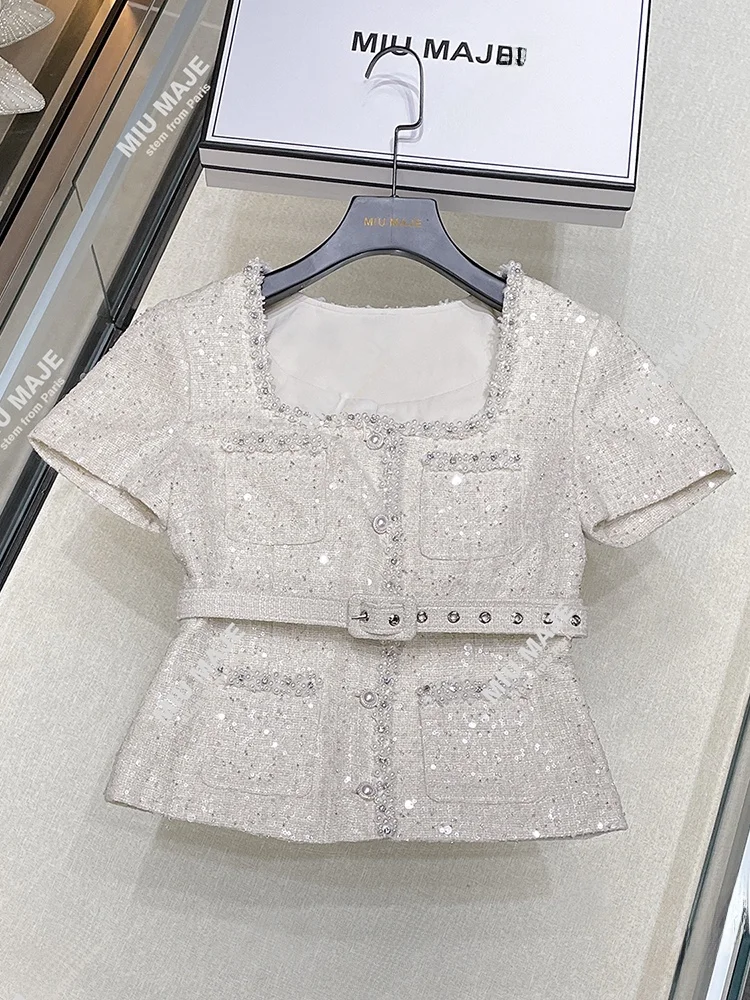 

High-End Women's ort Open Cardigan Jaet with Heavy Beading Square Collar Commuter Sle Loose Fit Pure Color Spring 2024