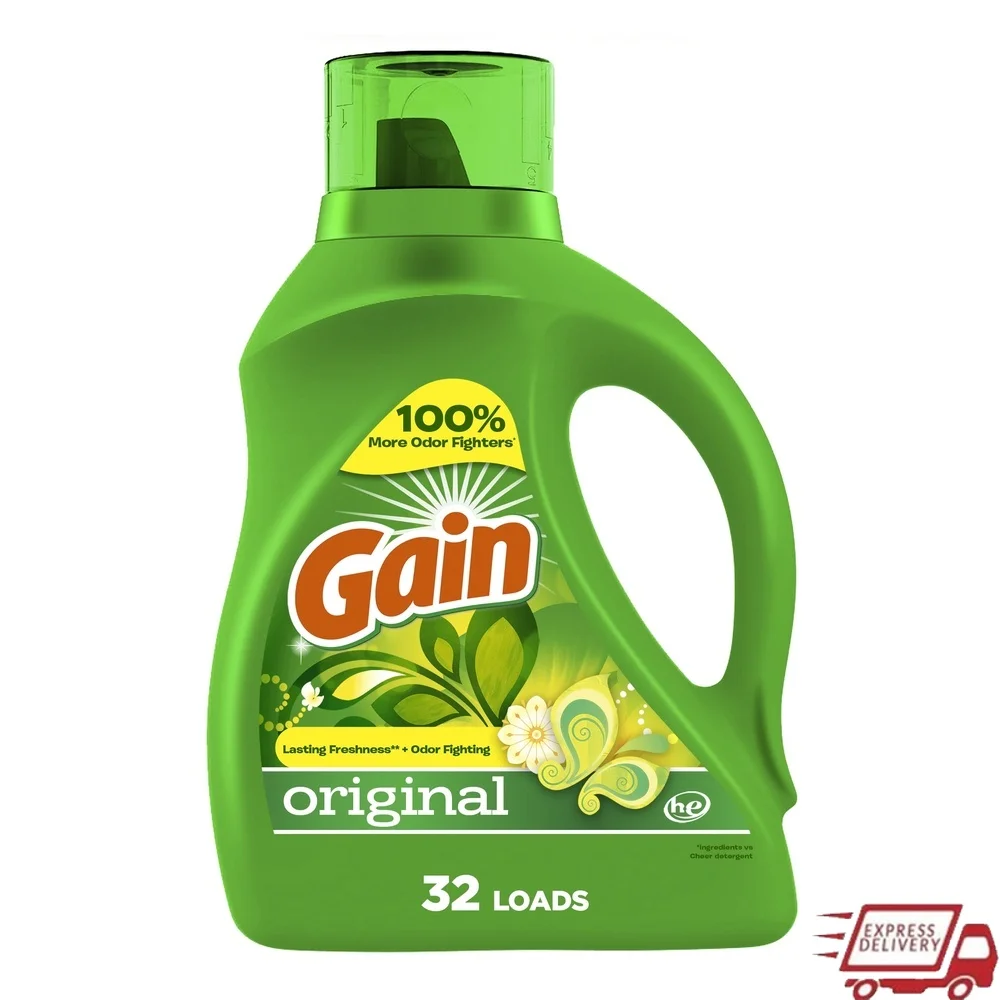 Detergente líquido para ropa, aroma original resistente, 46 fl oz, 32 cargas, fórmula eliminadora de olores, limpiador de alta eficiencia