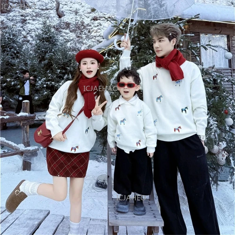 Cute Chinese New Year Gift Family Matching Horse Red White Sweater Festive Party Outfit for Parents Kids Warm Thick Knitwear