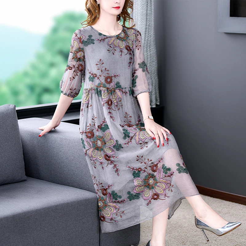 2023 New Elegant Fashion Silk Silk Fragmented Flower Dress Women's Spring Large Relaxed Beach Style Dress Vestidos