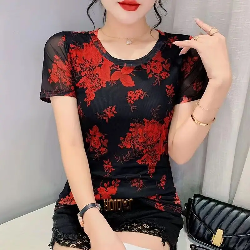 Women Vintage Floral Print Round Neck Slim Ice Silk Basic T-shirt Summer Korean Fashion Short Sleeve Elegant Tops Ropa De Mujer