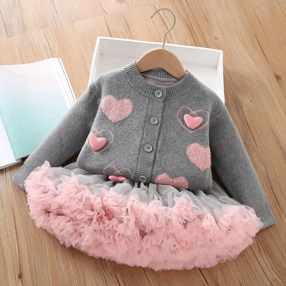 Girls Clothes 2026 Autumn And Winter Korean Girl's Suit Love Knitted Cardigan Coat+Tutu Princess Two-piece Suit  987