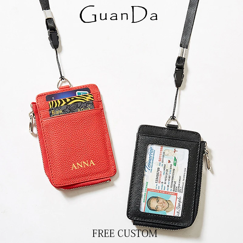 

Элегантный держатель для визиток из натуральной кожи с ремешком на шею, на молнии, с возможностью нанесения индивидуальной гравировки, черный чехол для карт для офиса и поездок