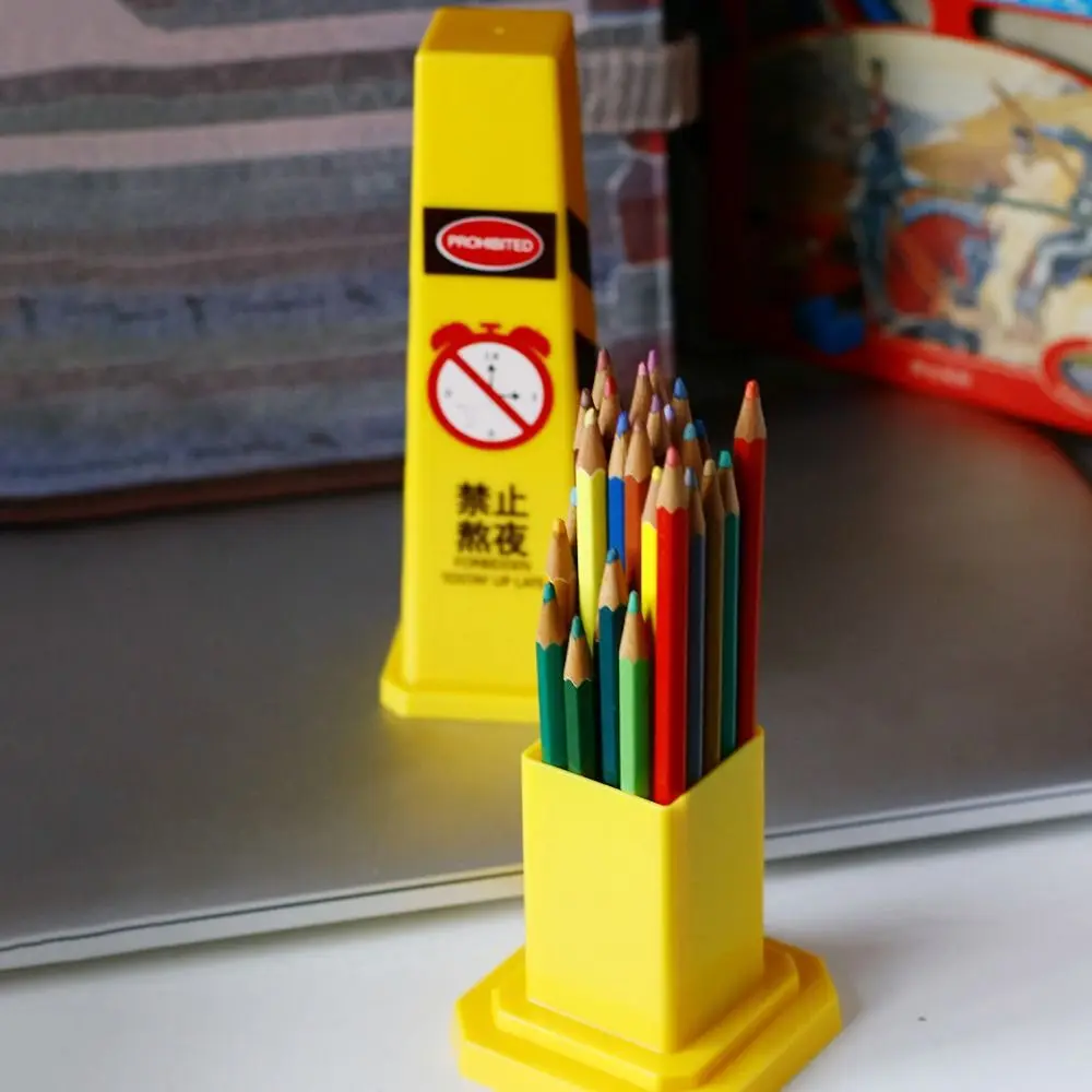 Warning Sign Pen Holder Plastic Large Capacity Stationery Storage Box Reflective Cone Desktop Ornament for Kids Gift