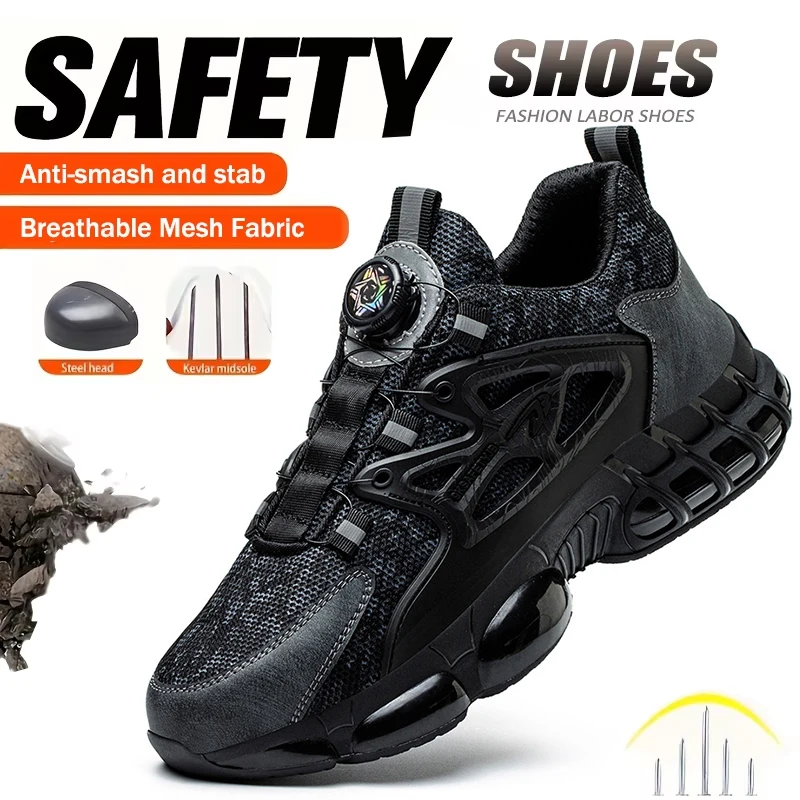 Zapatos de seguridad para hombre, zapatos de trabajo antipinchazos con punta de acero, suela reforzada antideslizante, zapatillas de deporte de moda con botón giratorio