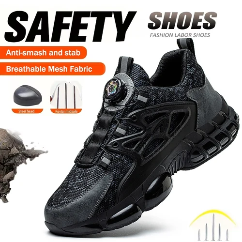 Imagen 1 del producto Zapatos de seguridad para hombre, zapatos de trabajo antipinchazos con punta de acero, suela reforzada antideslizante, zapatillas de deporte de moda con botón giratorio