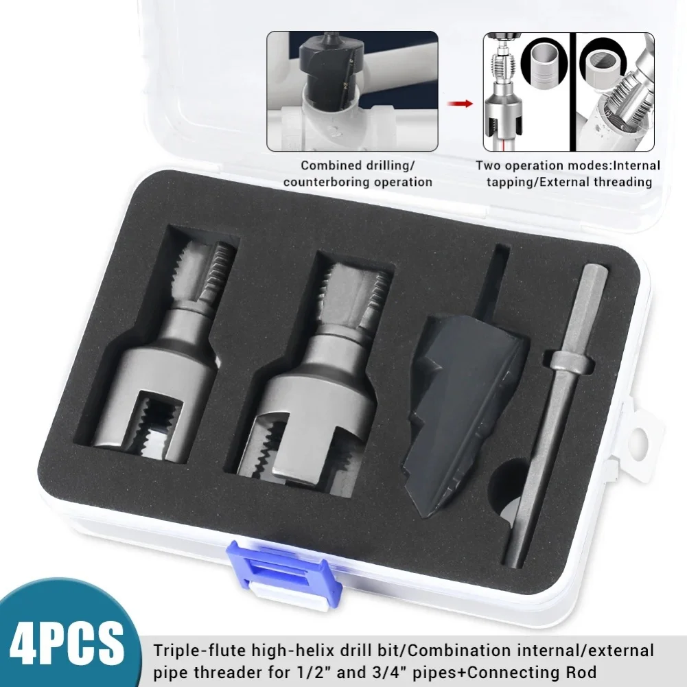 

Pipe Threader Set with Internal and External Threading Drill Bit Triple Flute Counterbore for 12 and 34 Inch Pipe Systems