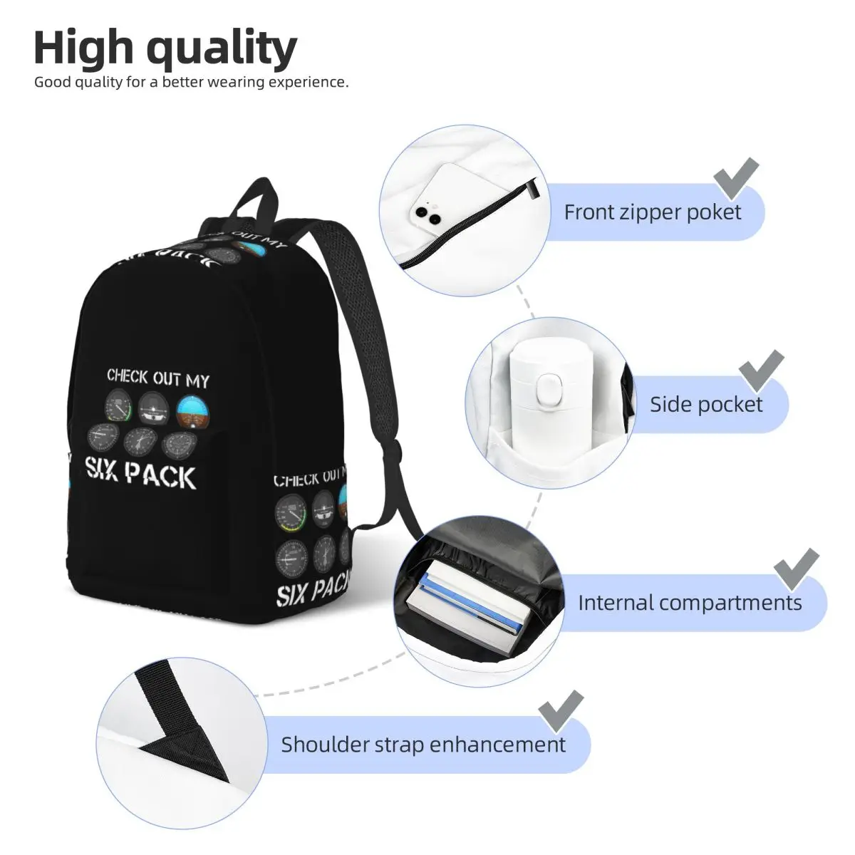 Funny Pilot Top Airplane Six Pack Flight Instruments Student Backpack School Bag Hiking Travel Daypack Shoulder Bags