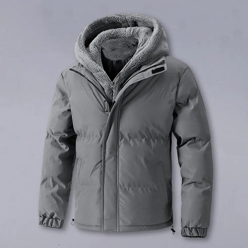 Casaco de algodão masculino com capuz manga longa forro de pelúcia falso duas peças jaqueta com zíper carcela à prova de vento isolamento térmico outerwear