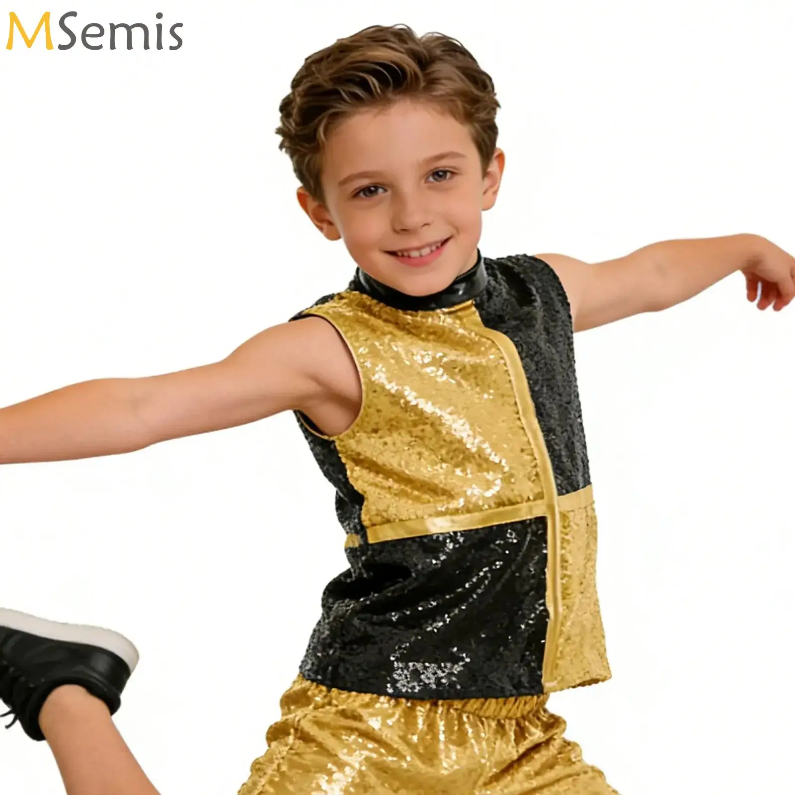

Children Shiny Sequins Mock Neck T-shirt Kids Girls Boys Jazz Dance Costume Stage Performance Tops Disco Fashion Tshirts Tees