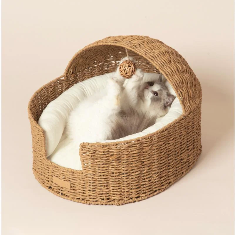 Semi Enclosed Bed For Cats Handmade Rattan Woven Cat's House Comfortable Cradle Litter For Cat Disassembly Design Pet Condo