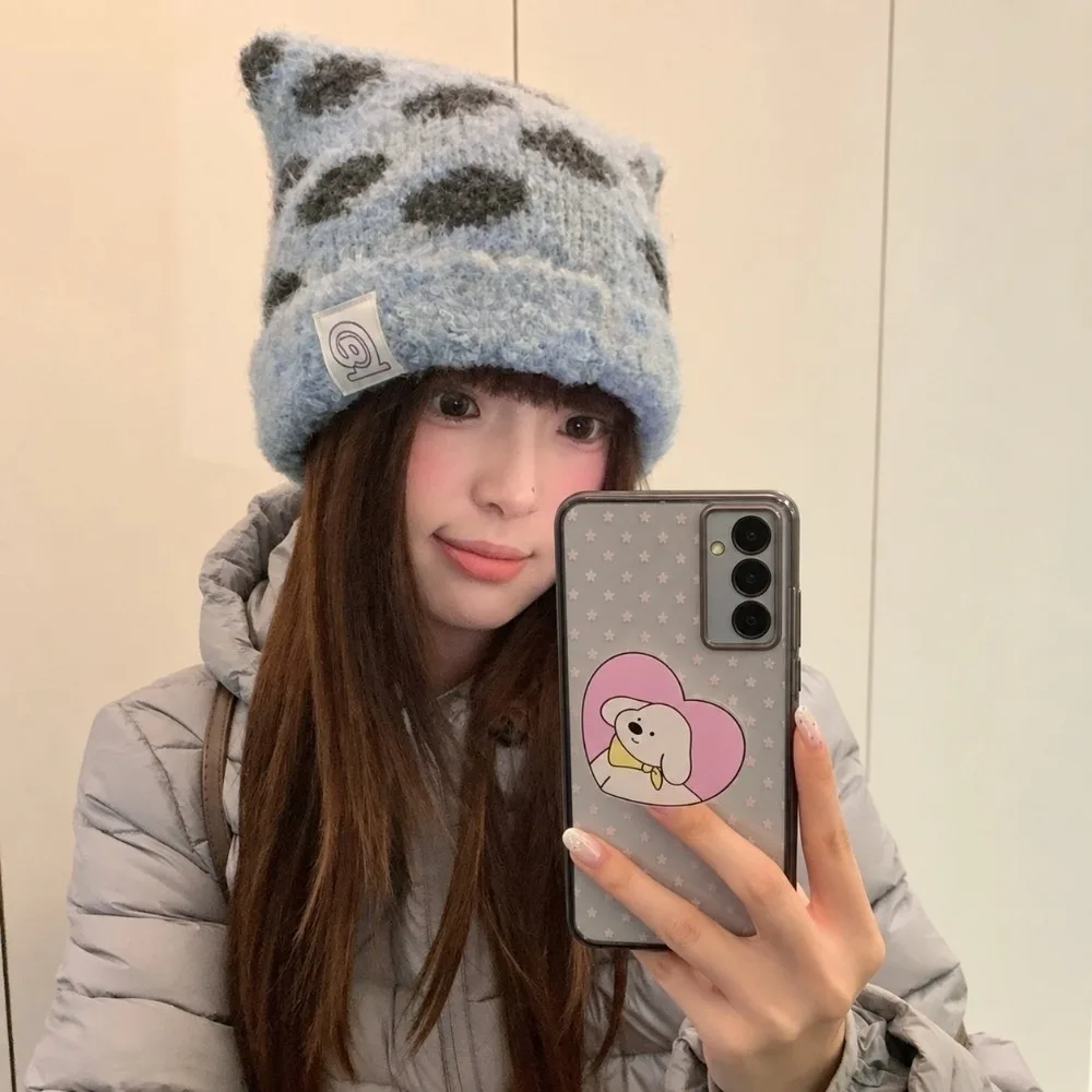 Polyester Knitted Beanie Hat Adjustable Size 56cm-58cm Circumference Spot Beanie Ear Hat Face Slimming Thick Warm Winter Hat