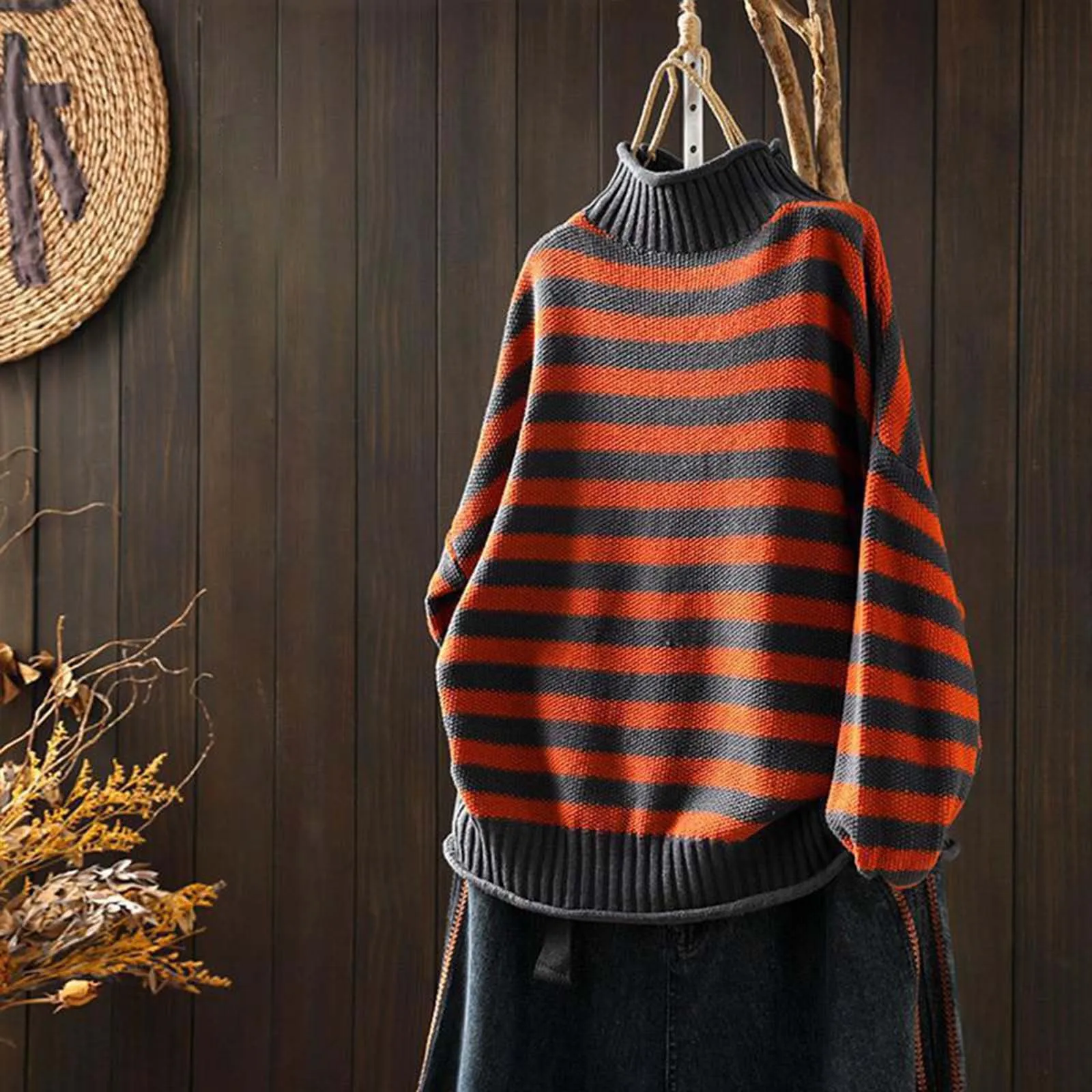 Women's Retro Striped Contrast Half Knitted Oversized Sweater Women Thin Turtleneck Sweaters for Women Mock Turtleneck Women 2x