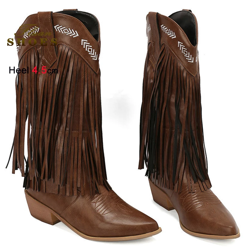 

Autumn Winter Brown Women Knight Boots Embroidery Tassel Mid-Calf Boots Pointed Toe Chunky Heels 4.5cm Slip On Boots Plus Size46